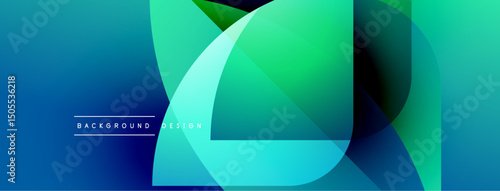 Abstract geometric shapes overlap. Blue, green gradients create dynamic visual effect. Modern design element for backgrounds.