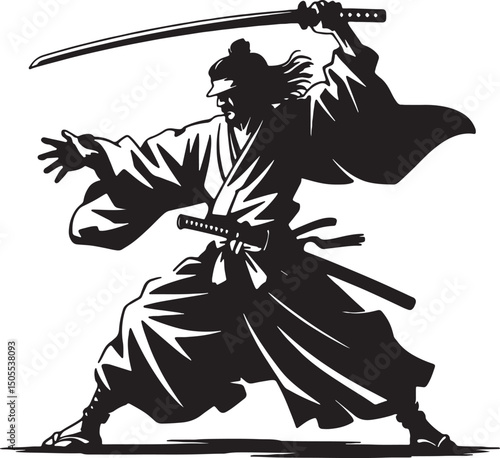 Samurai warrior action pose black and white illustration