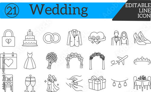 Wedding Line Icons Set – Editable Thin Style Vector Collection for Marriage, Ceremony, Bride, Groom, and Reception Themes