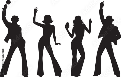 Silhouettes of four people dancing disco style