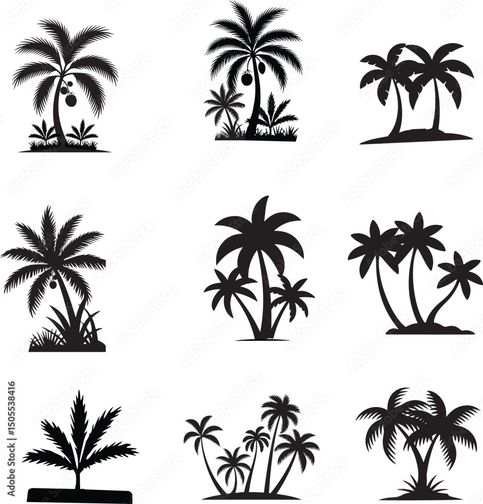 Fototapeta premium Nine black silhouette images of tropical palm trees against a white background.