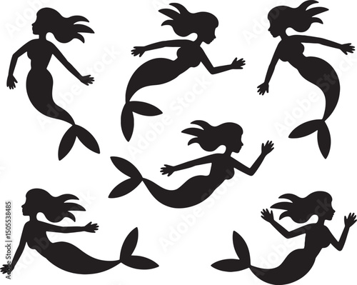 Six silhouettes of elegant mermaids swimming