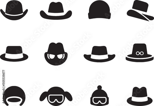 Twelve black silhouettes of various hats and headwear