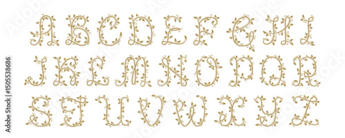 Floral golden vine alphabet with intricate branches forming each uppercase letter. Hand-drawn ornamental monogram set isolated on white background. 