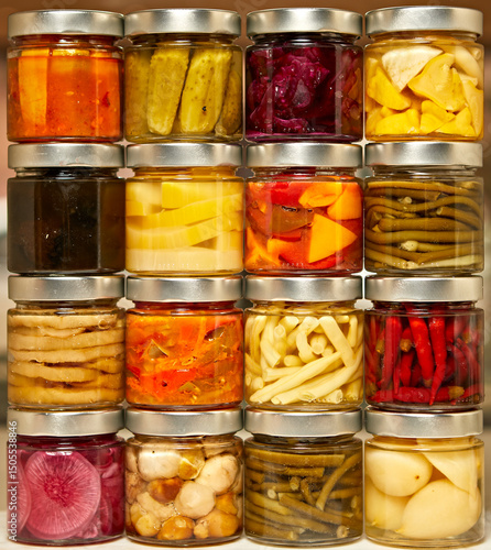 A set of different pickled vegetables in jars