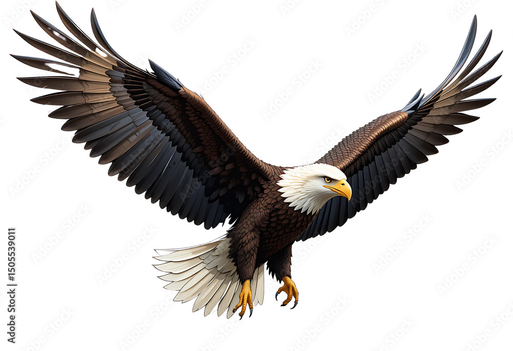Obraz premium A highly detailed, realistic illustration of a Bald Eagle flying mid-air with open wings, feathers spread wide, dynamic and elegant pose, high resolution, isolated on a transparent background.