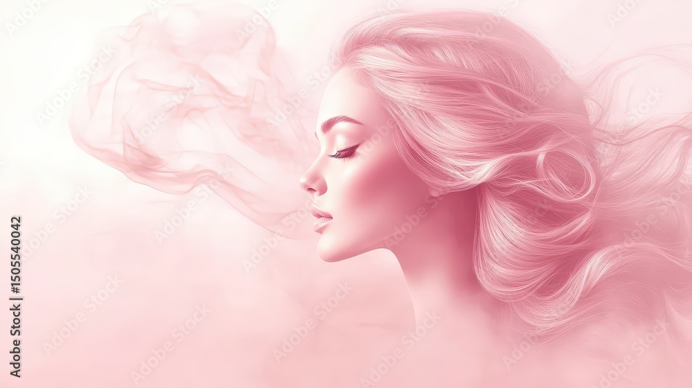 Ethereal beauty: elegant woman with flowing hair in soft pink hues and dreamy smokelike background Ethereal beauty: elegant woman with flowing hair in soft pink hues and dreamy smokelike background