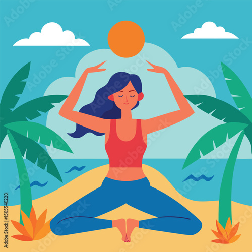 Tropical yoga girl in beach setting vector illustration