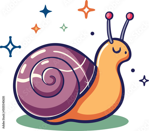 Adorable cartoon snail with sparkling stars transparent illustration for design projects