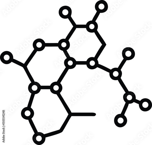 Black molecular structure silhouette illustrating chemical bonds and atom connections vector