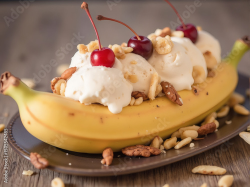 Banana Split Dessert with Ice Cream and Cherries