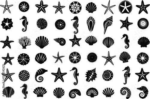 Black and white sea life icons collection