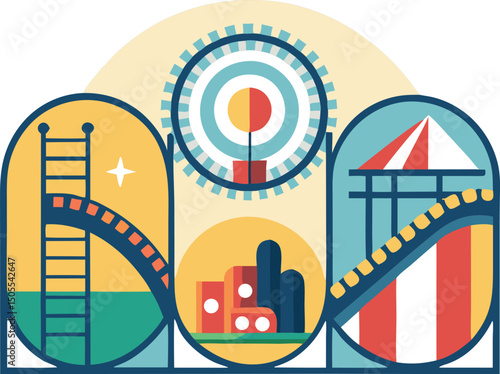 Cartoon illustration of amusement park rides on a white background