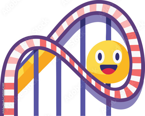 Cartoon roller coaster icon with smiling face for amusement park and entertainment