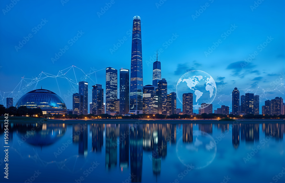 Naklejka premium Night - time Urban Landscape with Technology Elements