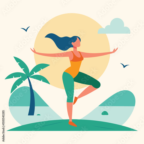 Yoga for surfers beach balance routine vector illustration