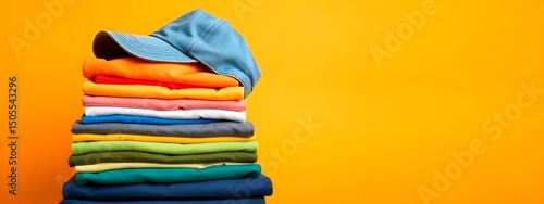 A neatly stacked pile of colorful folded clothes on the left side of the frame, featuring fabrics in warm and cool tones. On top of the stack sits a baseball cap. The background is a solid warm orange
