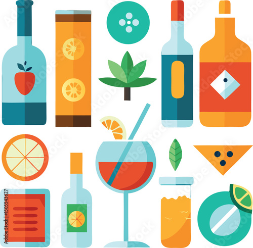 Colorful assortment of flat design beverage elements on transparent background