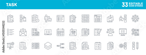 Task management icons in editable stroke style for productivity tools and applications, digital design resources for UI/UX development, editable icon