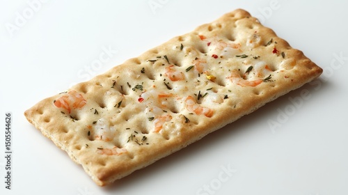 A rectangular shrimp and herb cracker with a naturally rough and slightly uneven surface, not glossy.