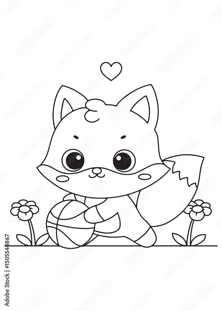 Obraz premium Coloring book cartoon fox playing basketball with a heart above