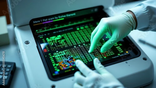 A gloved hand analyzes colorful data patterns on a digital scientific screen in a laboratory setting.