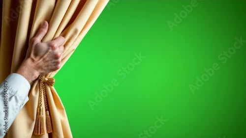 A person’s hand pulls back a gold curtain, revealing a bright green background behind it.