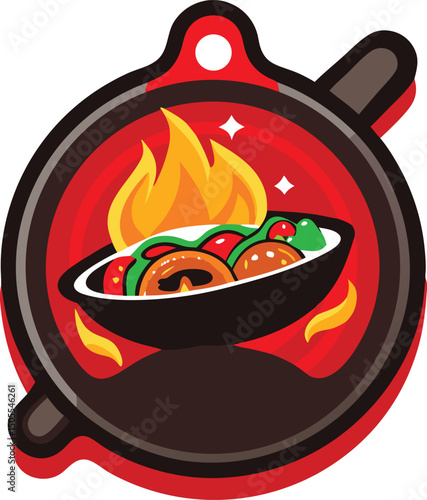 Delicious food in a wok pan with flames ready for cooking isolated