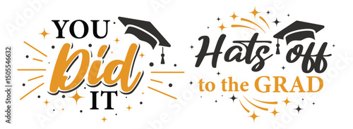 Congratulations! greeting sign for graduation party in university, school, academy. Handwritten brush lettering with academic cap. Vector design for congratulation ceremony, invitation card, banner