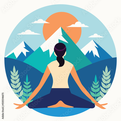 Yoga with mountains peaceful landscape backdrop vector illustration