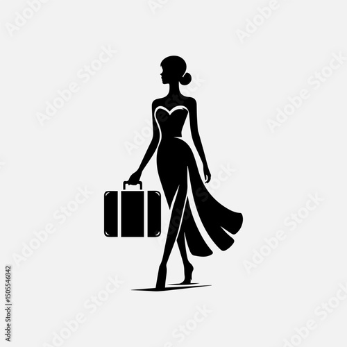 Sophisticated female silhouette with wide-brimmed hat and designer handbag in minimalist black vector style