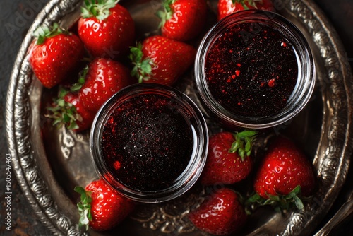 Two jars of dark red strawberry preserves surrounded by fresh strawberries on an ornate metallic tray