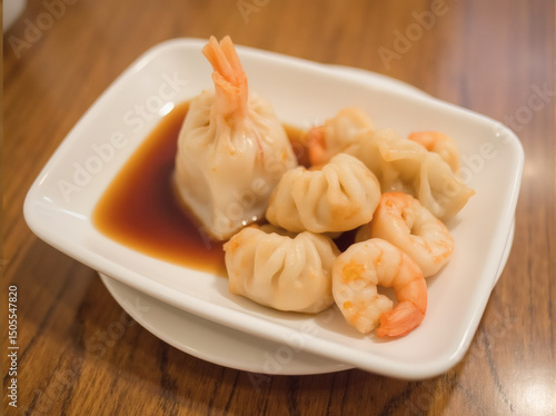 Shrimp Dumplings with Soy Sauce on Plate
