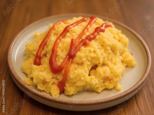 Rice Omelet with Ketchup on Plate