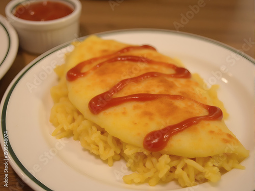 Omurice with Ketchup on White Plate