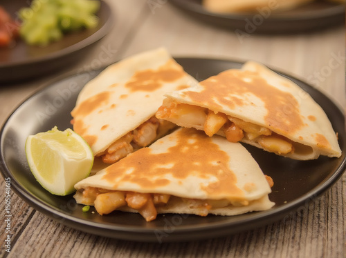 Shrimp Quesadillas with Lime on Plate