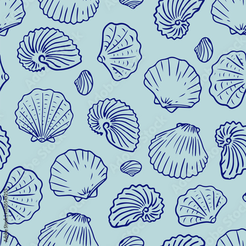 Seamless pattern with hand-drawn seashells on light blue background. Vector marine illustration with scallop and spiral shells.