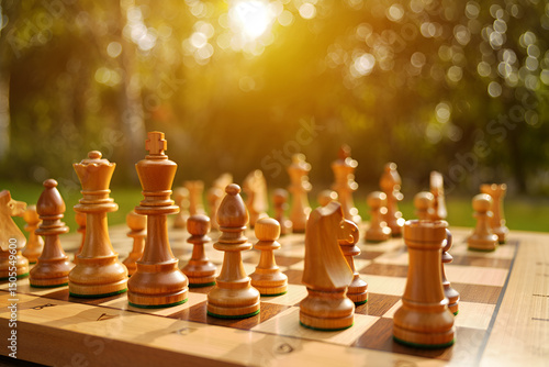Wooden chess pieces on a chessboard for a strategic game of competition
