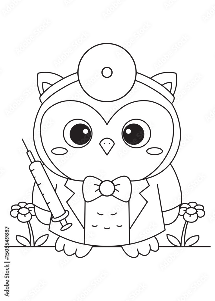 Coloring book owl in a medical coat with a stethoscope and clipboard Coloring book owl in a medical coat with a stethoscope and clipboard