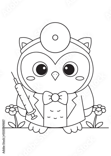 Coloring book owl in a medical coat with a stethoscope and clipboard