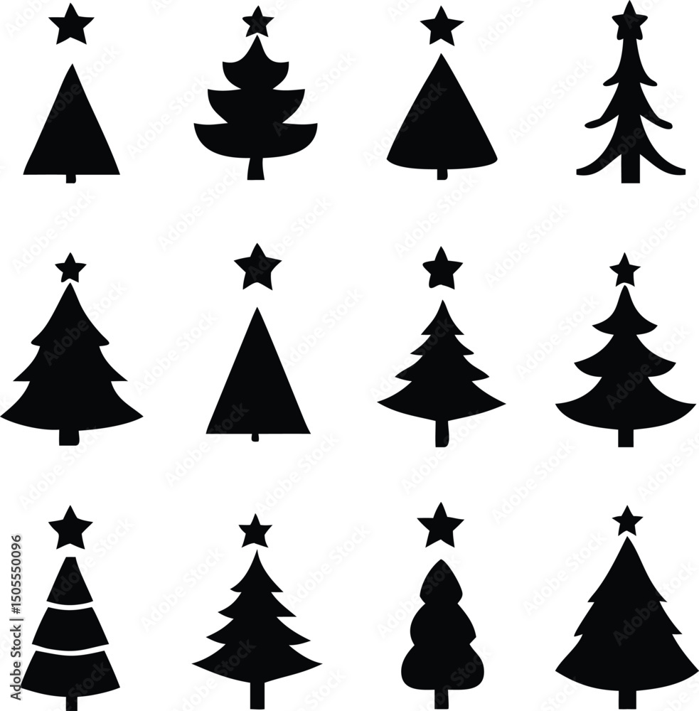 Obraz premium Assorted Christmas Tree Silhouettes with Stars, Festive Elements, Isolated on White