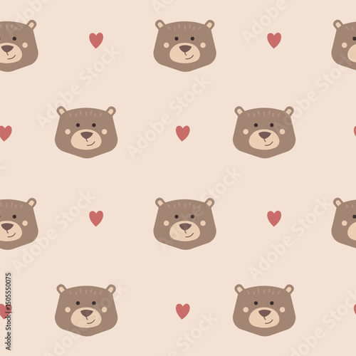 Cute cartoon little bears heads wallpaper. Vector seamless pattern with funny animals muzzle and hearts. Texture for kids textile. Repeat ornament for children in a flat style.