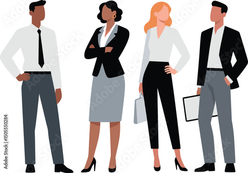 Professional business team standing confidently in formal attire diverse office workers corporate group success leadership concept illustration