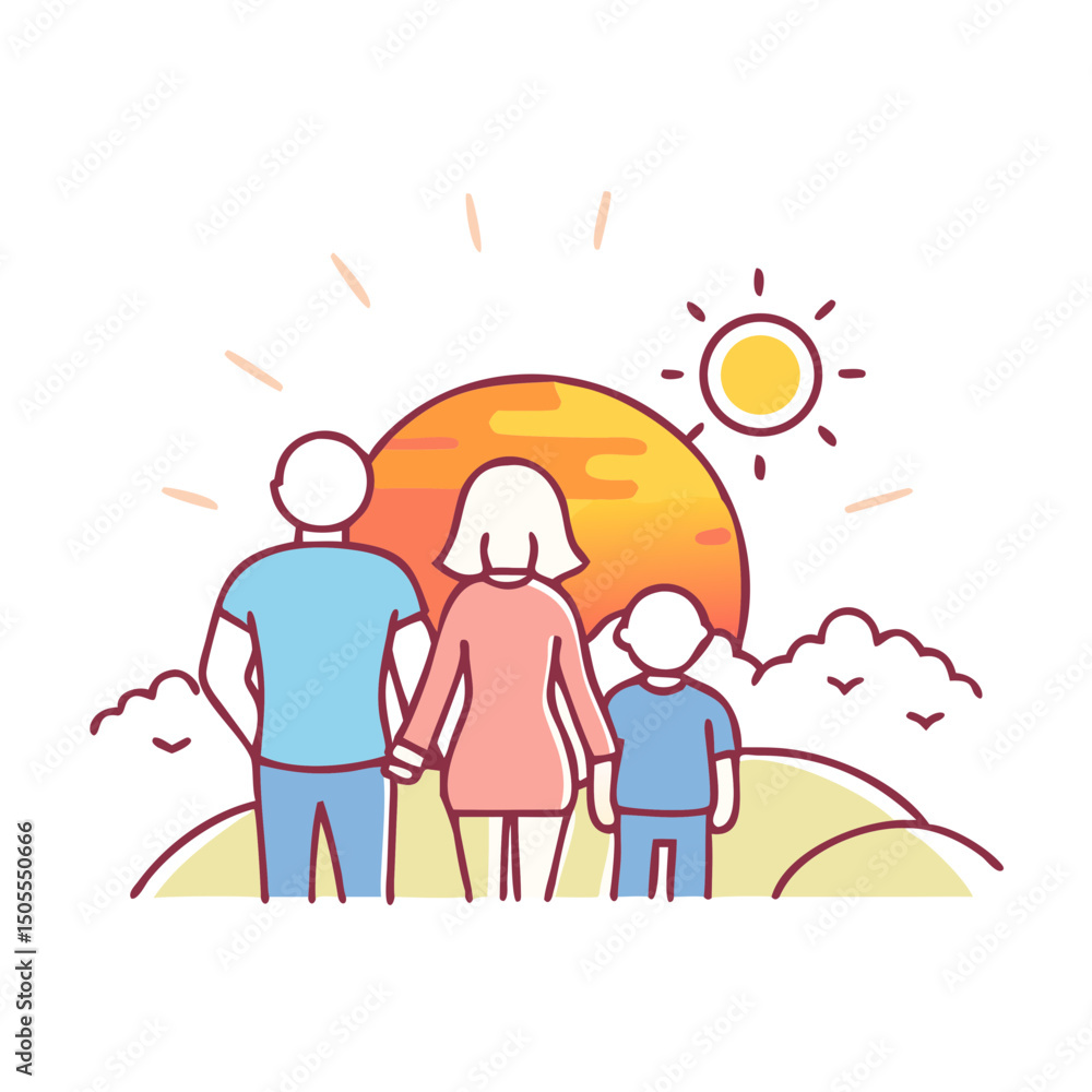 Fototapeta premium Illustration of a family of three watching the sunset together outdoors