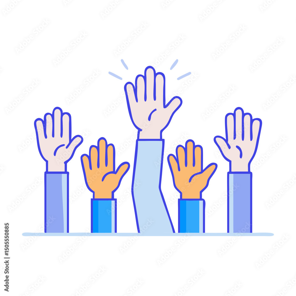 Fototapeta premium Stylized hands raised, symbolizing engagement, volunteering, support, and active participation in a group