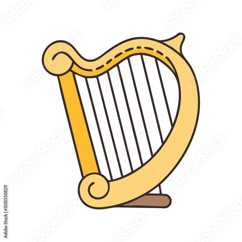 Cartoon styled golden harp musical instrument with smooth lines and clean look