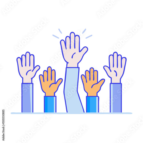 Stylized hands raised, symbolizing engagement, volunteering, support, and active participation in a group