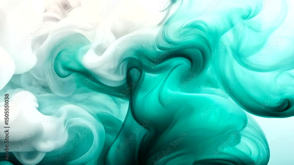 Abstract teal and white swirling clouds and mist merge in a serene, ethereal dance, with light illuminating the delicate formations Abstract teal and white swirling clouds and mist merge in a serene, ethereal dance, with light illuminating the delicate formations