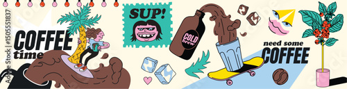 coffee illustration set. Cup and glass with ice. Logo, icon, coffee shop, menu design templates. Cute cartoon style characters. hand drawn isolated Vector illustrations.