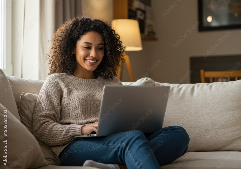 Smiling woman using laptop while relaxing on a comfortable couch Smiling woman using laptop while relaxing on a comfortable couch